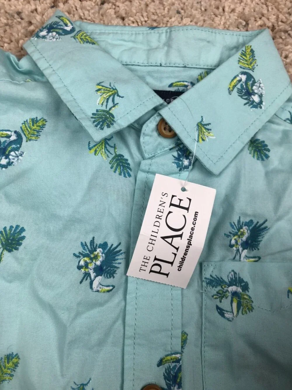 The Children’s Place Boys Size 4T (fits 4/5) Blue Aqua Button Up Shirt Parrots